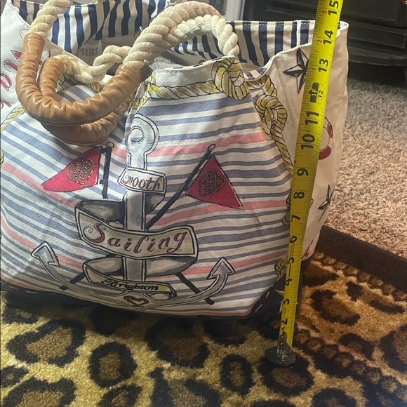 Brighton Nautical Rope Handle Beach Tote Bag – Anchor & Lifesaver Print, 16x15x8 - Picture 8 of 9